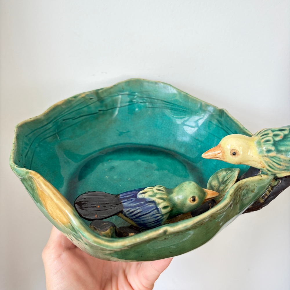 Vintage Artisan Ceramic Bird Bowl Teal Green Crackle Glaze Hand Painted Decor - Picture 8 of 12
